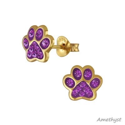 Produktbild von Ohrringe Silber 925 Ohrstecker „Pfote / Pfötchen“ gold Amethyst
