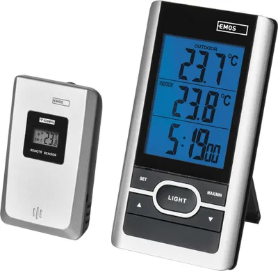 Produktbild von EMOS Drahtloses Digitales Aussen- und Innen- Thermometer mit Außensensor und Memory Funktion, batteriebetrieben , E0107