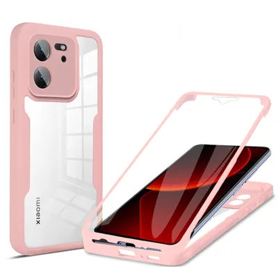 A pink and transparent phone case is shown, with a phone inside the case on the right side of the image.