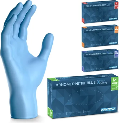 Produktbild von ARNOMED Nitril Xtra Strong Handschuhe in Blau, extra dick und robust, Größe S | Box (100 Stück)