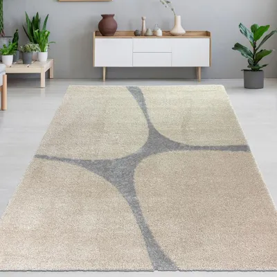 Zdjęcie produktu dla Miękki dywan shaggy do salonu w nowoczesnym beżowo-szarym kolorze z wysokim włosiem - łatwy w pielęgnacji i przytulny Rozmiar - 160 x 230 cm