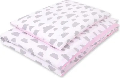 Image de Parure de lit enfant double face 2 pièces en coton - gris/nuages roses