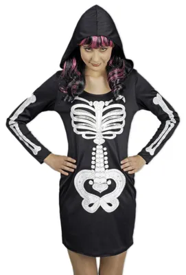 Produktbild von Skelett Kleid mit Kapuze für Damen - Geisterkostüm Größe: 36/38