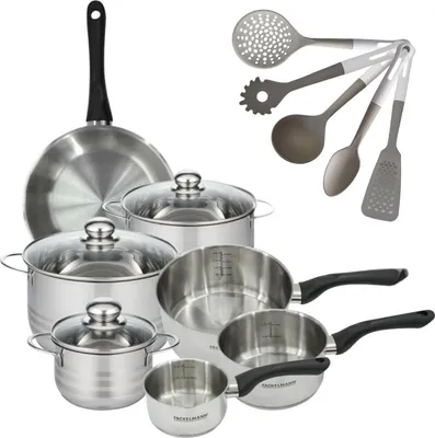 Image de Batterie de cuisine avec 3 faitouts 16/20/24 cm et 3 casseroles 12/16/20 cm avec 5 ustensiles de cuisine Fackelmann Généva Brillant Vario