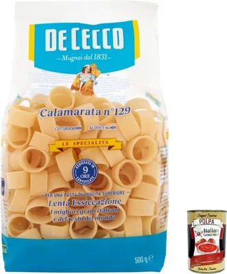 Produktbild von 8x Pasta De Cecco Le specialita' 100% Italienisch Calamarata n. 129 Nudeln 500g + Italian Gourmet Polpa 400g