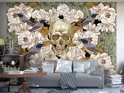 Produktbild von Vlies Fototapete 350x256 cm Tapeten Wandtapete XXL Blumen Vogel Totenkopf b-A-0169-a-b