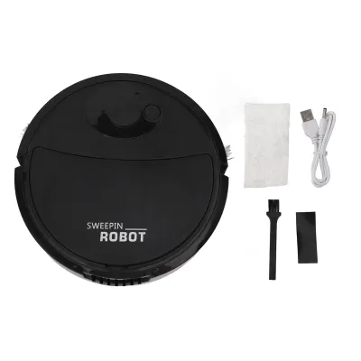 A black robot vacuum cleaner and its accessories are laid out on a white background.