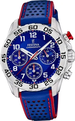 A close-up studio shot of a Festina chronograph watch with a blue dial and a blue and red perforated strap.
