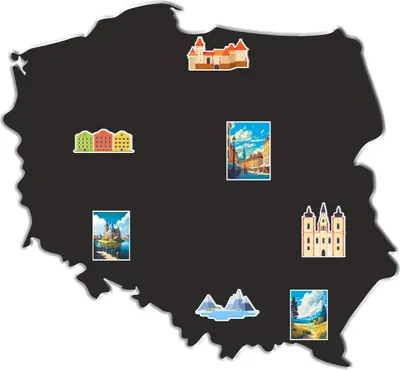 A map of Poland with several small illustrative images of landmarks and scenes placed on it.