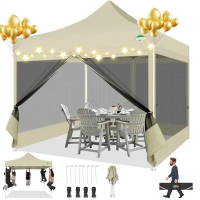 Produktbild von Faltpavillon 3x3m Khaki Wasserdicht UV-Schutz mit 4 Netzseitenwänden Höhenverstellbar