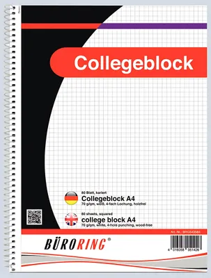 Produktbild von Büroring Collegeblock A4/80 Blatt kariert, holzfrei, weiß, 70g/qm