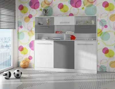 Produktbild von Nástenná posteľ Horizontálna sklápacia posteľ ROGER 90x200 cm Nástenná sklápacia posteľ, Sklápacia skriňa, Skriňa s integrovanou sklápacou posteľou, Funkčná posteľ CRAFT WHITE / GRAPHITE (s prídavnými policami)