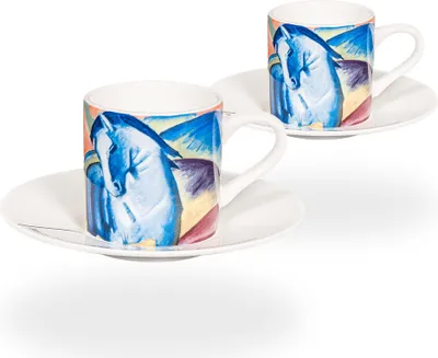 Produktbild von tea4chill Könitz Espresso Tassen Set F. Marc Blaues Pferd. 2 Kaffeetassen 65ml aus Fine Bone China Porzellan. Espressotassen modern, bunt