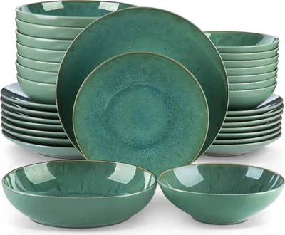 Image de vancasso, KARST, 32 pcs. Service de table, service combiné en faïence, set de vaisselle style vintage pour 8 personnes, vert