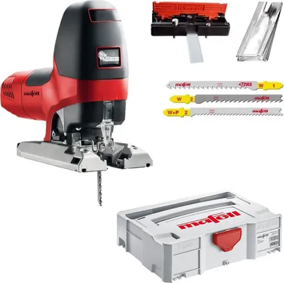 A collection of tools including a jigsaw, saw blades, and a storage case, laid out on a white background.