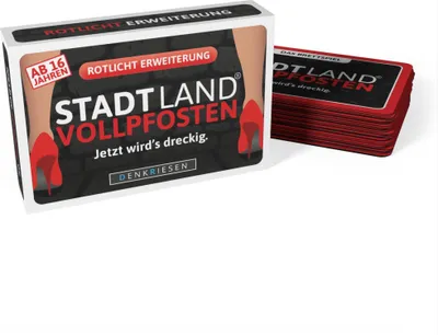 Produktbild von DENKRIESEN - STADT LAND VOLLPFOSTEN® - Das Brettspiel - ERWEITERUNG - ROTLICHT EDITION "Jetzt wird's dreckig."