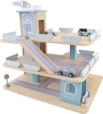 Produktbild von Banditen & Engel Holz-Spielzeuggarage: Banditen-Parkerlebnis mit 3 Etagen und Aufzug – inklusive 4 Autos – Spielzeugauto-Garage aus Holz, blau