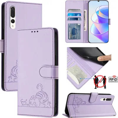 Produktbild von Leder Hülle für Huawei P20 Pro Süße Katze Flip Case Brieftasche Schutzhülle mit Standfunktion Lila