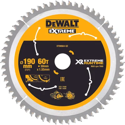 Image de Lame de scie circulaire DT99564 D.190mm perçage 30mm largeur de coupe 1,55mm 60 dents WZ/FZ épaisseur 0,99mm