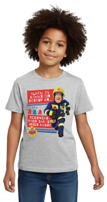 Produktbild von Spreadshirt Feuerwehrmann Sam™ Mit Text Vom Intro-Song Kinder T-Shirt, 122/128 (7-8 Jahre), Grau meliert