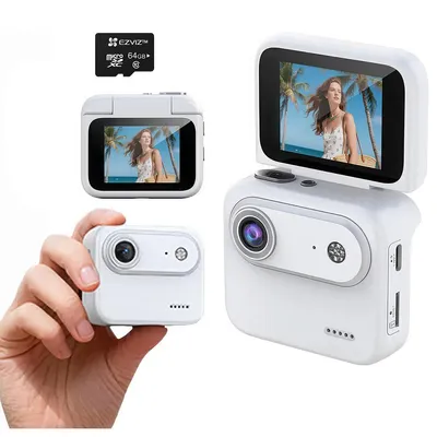Produktbild von Mini-Sportkamera 4K, VLOG-Kamera mit klappbarem Display, 143° Weitwinkel, Bildstabilisierung, ideal für Reisen und Content-Ersteller, weiß