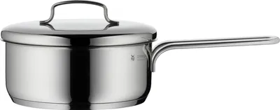 A stainless steel saucepan with a lid and a single handle, shown against a white background.