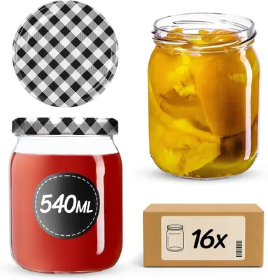 Produktbild von KADAX Einmachgläser mit Deckel "Senna", Marmeladengläser, Einweckgläser, 540 ml, Schwarz kariert, 16 Stück