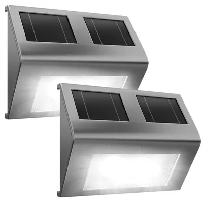 Two stainless steel solar-powered outdoor lights are shown against a white background.