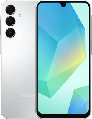 A white Samsung smartphone is shown from the back and front, with the screen displaying a colorful abstract wallpaper.