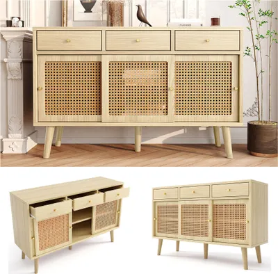 Produktbild von Merax Kommode Rattangeflecht Sideboard mit verstellbaren Einlegböden, Anrichte mit 3 Schubladen und 3 Schwebetüren, Rattan Wohnzimmerschränke Anrichte Massivholz 120*40*78cm
