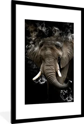 Produktbild von MuchoWow® MuchoWow® Gerahmtes Poster Elefant - Rauchen - Schwarz 60x90 cm - Poster mit zchwarzem Bilderrahmen - Dekoration - Wandposter Wohnzimmer - Hochwertig
