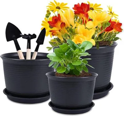Image de Ensemble de pots en plastique, 3 pièces, 15/18/21 cm, avec système de drainage, pots de culture, pots pour fleurs et plantes, noir