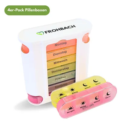 Produktbild von Frohbach 7 Tage Tablettenbox - Seniorenfreundliche Medikamentenbox 1 Woche, BPA Frei, für unterwegs, 4 Fächer pro Tag, Pastell Edition, 4 Stück
