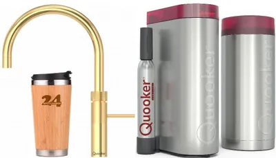 Immagine prodotto di QUOOKER FUSION ROUND bocca fissa oro 24 carati COMBI B con CUBE 2 (22FRGLDCUBE) Rubinetto per acqua bollente a 100°C con sistema di acqua potabile *Inclusa tazza termica