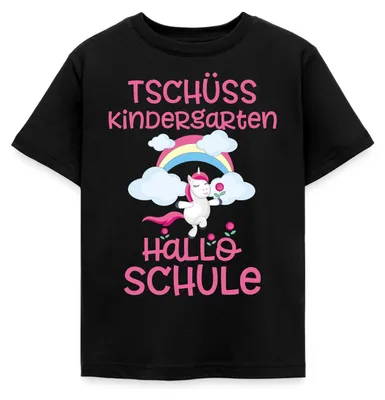 Produktbild von Spreadshirt Einschulung Einhorn Tschüss Kindergarten Hallo Schule Kinder T-Shirt, 110/116 (5-6 Jahre), Schwarz