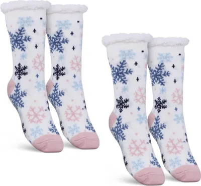 Immagine prodotto di Calzini stopper (bianchi / 2 paia) da donna con fodera in orsetto - Calzini Cottage con suola antiscivolo - Calzini norvegesi in ABS con motivo a cavo - Calzini accoglienti taglia unica