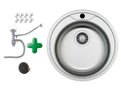 A stainless steel sink and its accessories are displayed against a white background.