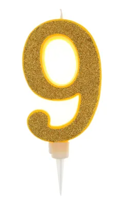 Zahlenkerze 9, 17,5 cm, gold mit Glitzer, für Torten