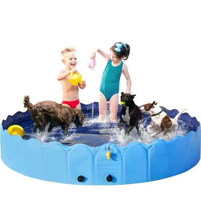 Children and dogs playing in a blue inflatable pool.