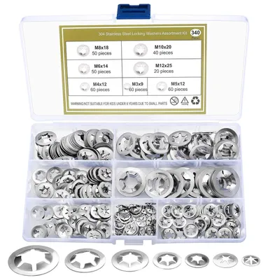 Immagine prodotto di Kit di rondelle di sicurezza, assortimento da 340 pezzi, acciaio inossidabile, M3-M12, colore argento