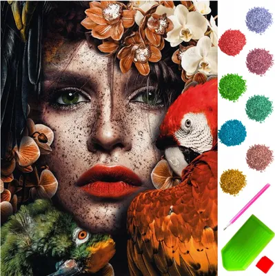 Produktbild von ARTULIO - Diamond Painting Set - Frau Porträt mit Papagei und Orchideen - 40 × 30 cm - Bilder DIY, Home Wand Deko, 5D Diamant Painting