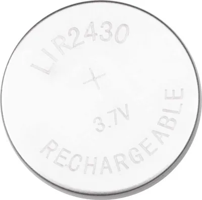 A top-down view of a single, round, silver rechargeable battery.