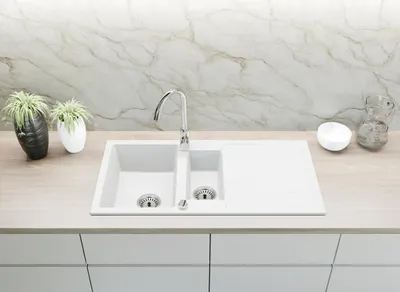 Produktbild von [Granitspüle 100x50 +Spülkorb mit Armatur] Hochwertige Eckige Einbaugranitspüle Granit Spülbecken f. Unterschränke ab 45 cm inkl.Siphon Set, Farbe:Weiß