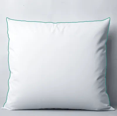 A white pillow with a teal trim is shown against a light gray wall.