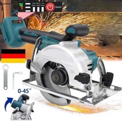 A cordless circular saw is shown in action, with sparks flying, suggesting it is cutting metal. There are also graphical overlays indicating features and controls.