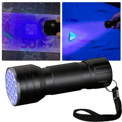 Produktbild von UV Taschenlampe mit 21 LEDs batteriebetrieben Schwarzlicht 395-400 nm