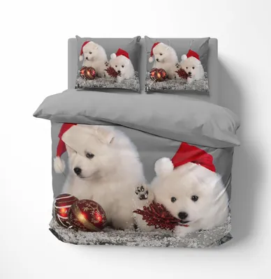 Produktbild von FEBE 3D Bettwäsche Welpenhunde Weihnachten Bettbezug-Set 135x200 + Kissenbezug 80x80 cm Wendebettwäsche 2 Teilig mit Reißverschluss Mikrofaser Winterbettwäsche Duvet Cover