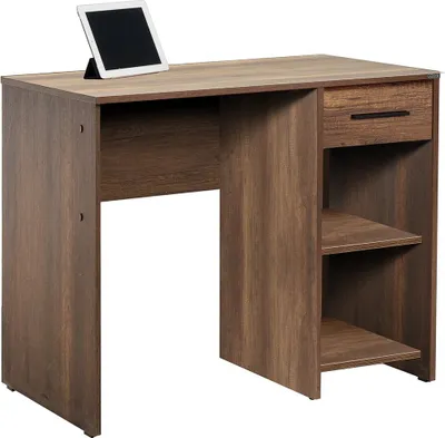 A wooden desk with a tablet on top, shown against a white background.