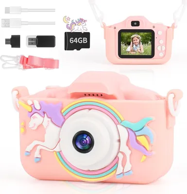 Produktbild von Dětský fotoaparát, digitální fotoaparát jednorožec, vánoční dárek pro dívky, fotoaparát, dětský fotoaparát 1080P HD s 64G kartou