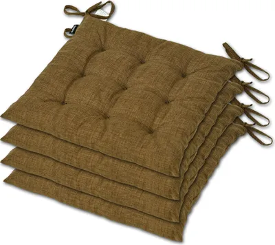 A stack of four brown seat cushions with ties, presented on a white background.